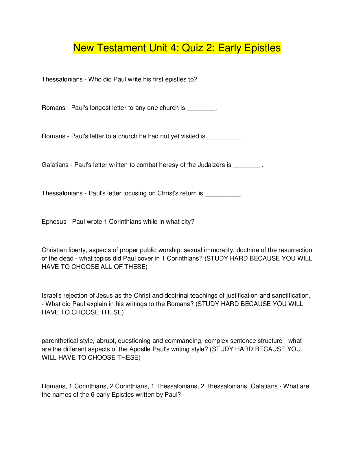 Preview image for New Testament Unit 4: Quiz 2: Early Epistles